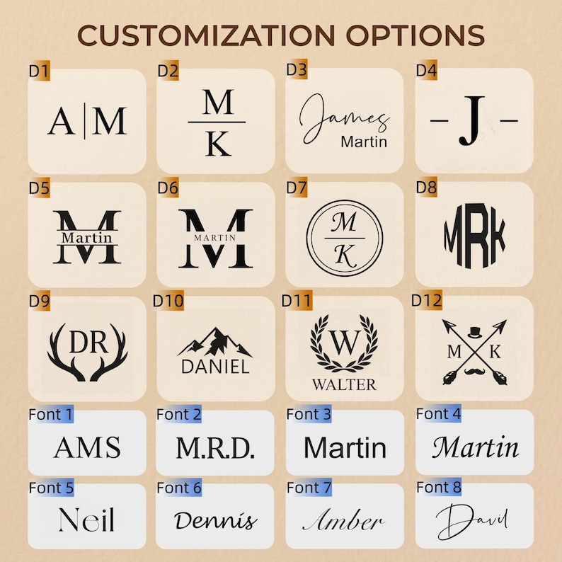 May include: Image showcasing customization options with various fonts and designs. Includes initials, names, and graphic elements like antlers, mountains, and a laurel wreath. The text "CUSTOMIZATION OPTIONS" is at the top.