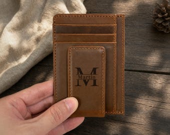 Personalized Slim Leather Card Wallet with RFID, Magnetic Money Clip, Engraved Card Holder for Men, Anniversary Gift for Him