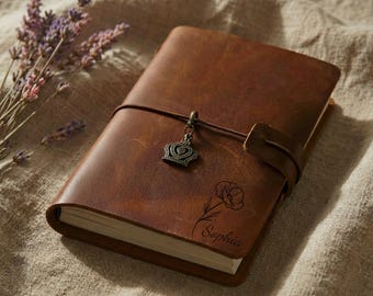 Personalized Refillable Leather Journal A5, Birth Flower Engraved Notebook Cover, Travel Journal A6, Birthday Gift for Him Her