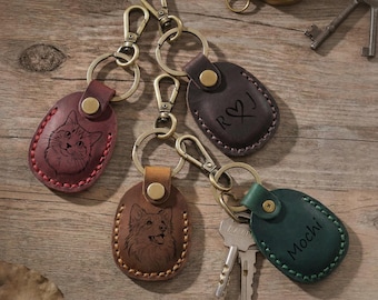 Personalized Pet Portrait Leather Keychain & Airtag Holder, Engraved Dog/Cat Image Memorial Tag, Gift for Pet Lover, Pet Keyring