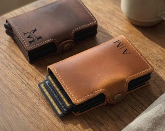 Personalized Trifold Leather Pop Up Wallet PLUS, RFID Mechanical Card Wallet, Dual Card Holder, Fathers Day Gift, Anniversary Gift