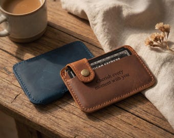 Personalized Slim Leather Card Holder, Minimalist Card Case for Men & Women, Engraved ID Card Wallet, Travel Gift for Him Her