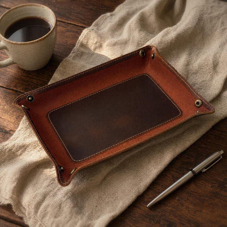 May include: A brown leather tray with a dark brown interior and light stitching. The tray is rectangular with rounded corners and metal rivets. A pen and a mug of coffee are also visible.