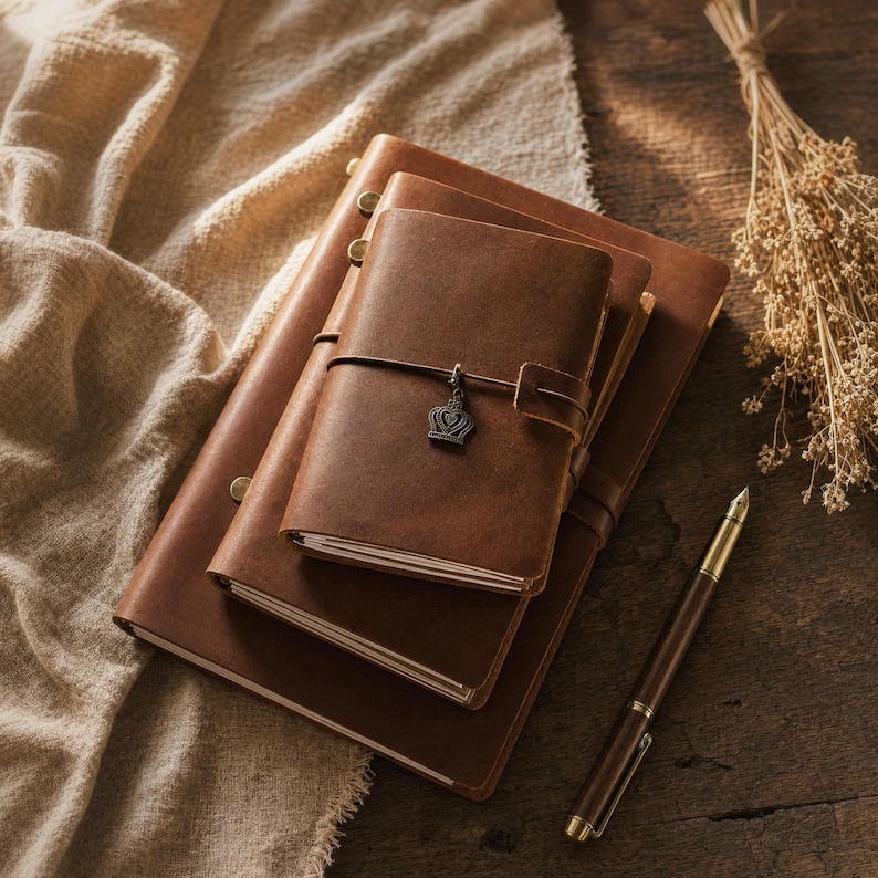 May include: Three stacked brown leather journals with visible stitching and brass-toned hardware. The top journal features a thin leather strap closure secured with a small, dangling silver-toned crown charm. A brown fountain pen lies nearby.