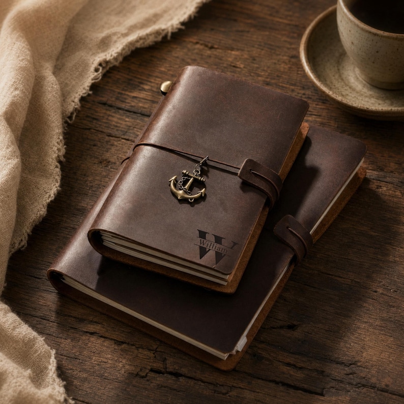 May include: Two dark brown leather journals with elastic closures. The top journal features a brass anchor charm and the letter W with the name William engraved on the cover. Both journals have visible paper pages and a smooth, matte leather finish.