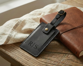 Personalized Leather Luggage Tag, Black Suitcase Tag, Travel Tag for Men, Gift for Travelers, Wedding Favor, Couple Gift