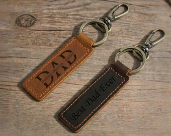 Personalized Full-grain Leather Keychain, Engraved DAD Keychain, Name Keyring, Minimalist Gift for Him, Thanksgiving Gift