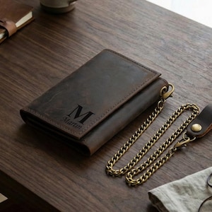 Personalized Leather Wallet With Anti-Theft Chain, Handmade Trifold Wallet, Monogram Mens wallet, Custom Gift for Him