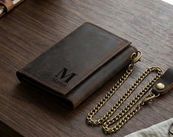 Personalized Leather Wallet With Anti-Theft Chain, Handmade Trifold Wallet, Monogram Mens wallet, Custom Gift for Him, Dad