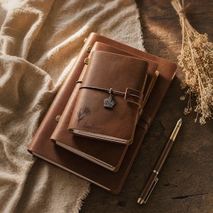 May include: Three stacked brown leather journals with visible stitching and metal fasteners. The top journal features a small metal crown charm on a leather cord, an engraved daisy illustration, and the name Amber written in a cursive script.