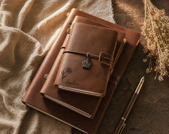 Personalized Refillable Leather Journal A5, Birth Flower Engraved Notebook Cover, Travel Journal A6, Traveler’s Gift for Him Her