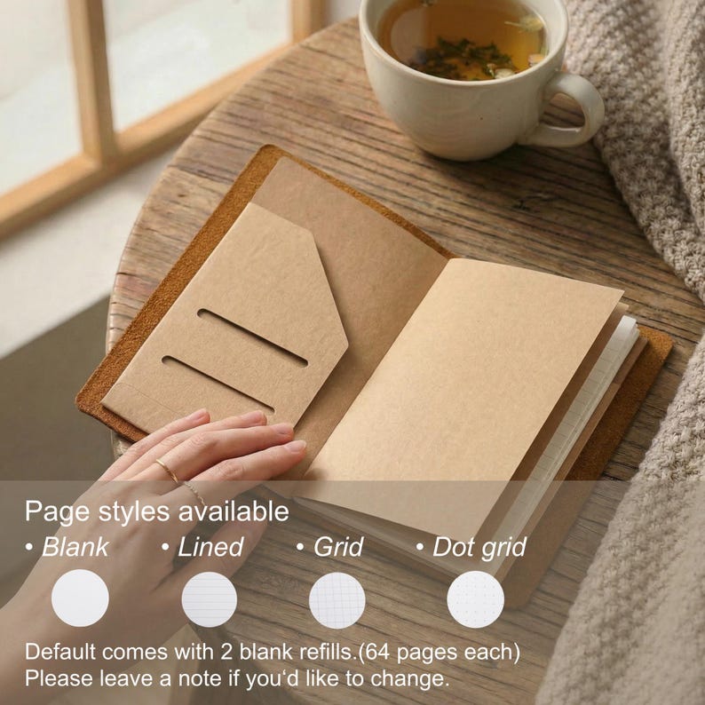 May include: An open tan leather notebook with a card slot pocket on the left side and blank paper pages on the right. The text on the image indicates page styles available include blank, lined, grid, and dot grid, with two 64-page refills.