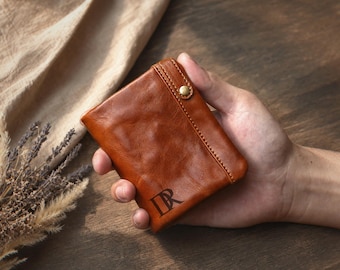 Personalized Slim Leather Wallet, Mahogany Bifold Wallet, Engraved Minimalist Wallet for Women, Anniversary Gift for Him Her