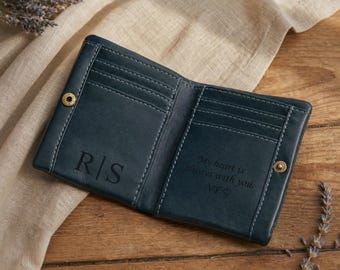 Personalized Slim Leather Wallet, Minimalist Bifold Wallet for Men & Women, Blue Wallet, Birthday Gift, Anniversary Gift for Him Her