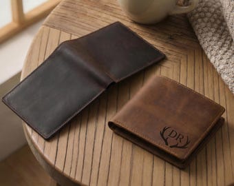 Personalized Minimalist Leather Wallet, Handmade Slim Bifold Wallet, Engraved Mens Wallet, Anniversary Gift, Birthday Gift for Him