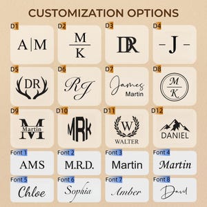 May include: A grid of customization options featuring twelve monogram designs labeled D1 through D12, and eight font styles labeled Font 1 through Font 8. The designs include various initials, names, and graphic elements like antlers, wreaths, and mountains.