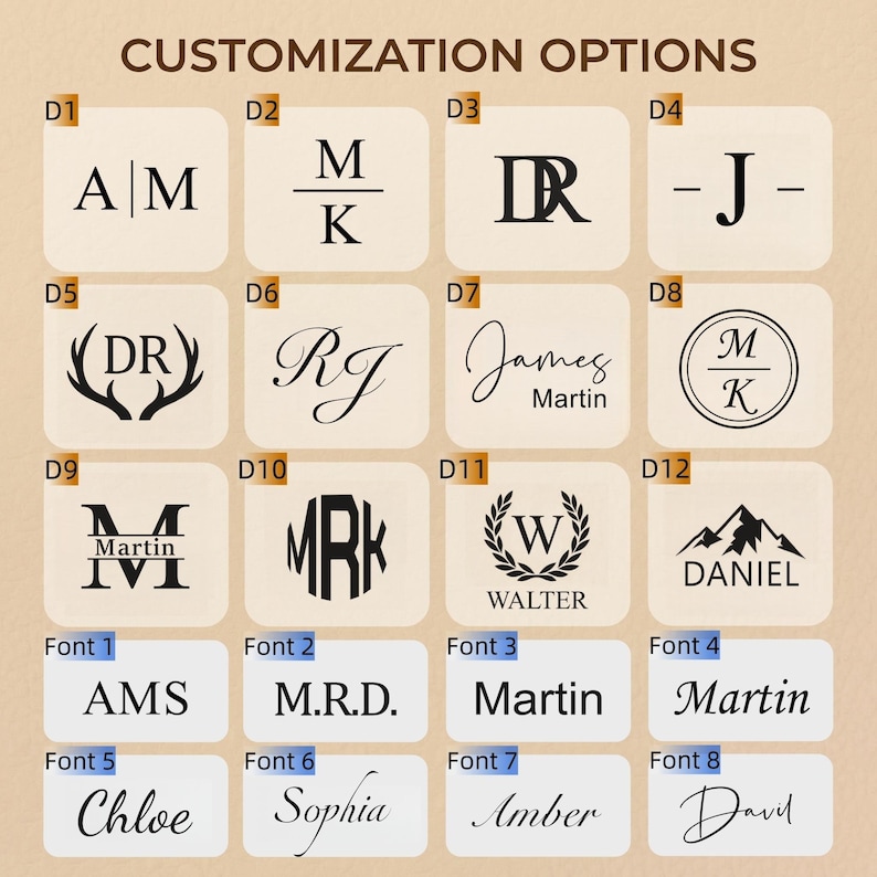 May include: A grid of customization options featuring twelve monogram designs labeled D1 through D12, and eight font styles labeled Font 1 through Font 8. The designs include various initials, names, and graphic elements like antlers, wreaths, and mountains.