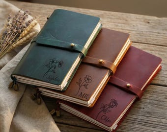 Personalized Refillable Leather Journal, Birth Flower Notebook Cover, Engraved Travel Journal, Teacher Gift, Birthday Gift for Her