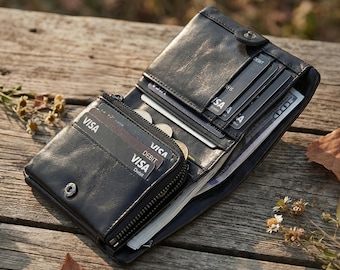 Portafoglio da uomo personalizzato in pelle a tre ante, minimalista nero con portamonete, porta carte multiuso, regalo per lui, papà, marito