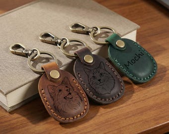 Personalized Airtag Keychain, Leather Airtag Holder, Custom Engraved Pet Portrait AirTag Case, Gift for Him Her, Pet Lover Gifts