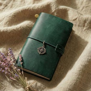 May include: A dark green leather journal featuring a smooth, matte finish and a vertical elastic closure. A metallic bronze-toned compass charm is attached to the elastic band. The journal is positioned next to a small bundle of dried lavender.