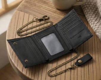 Personalized Leather Wallet With Anti-Theft Chain, Handmade Trifold Wallet, Monogram Mens wallet, Custom Gift for Him