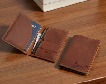 Personalized Leather Passport Holder, Minimalist Travel Wallet, Custom Passport Cover, Gift for Him, Husband, Dad