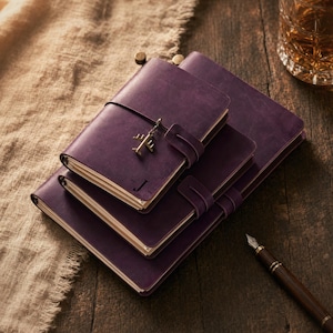 May include: A stack of three purple leather journals with wrap-around closures. The top journal features a small brass airplane charm attached to the strap and the letter J embossed on the cover. Each journal has cream-colored pages and a smooth finish.