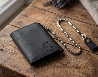 Personalized Black Leather Wallet With Chain, Handmade Trifold Wallet, Travel Wallet for Men, Birthday, Anniversary Gift for Him