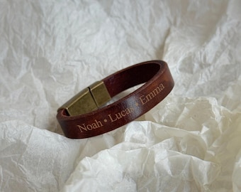 Personalized Men's Leather Bracelet, Engraved Leather Wristband, Custom Kids Names Bracelet for Dad, Anniversary Gift for Husband