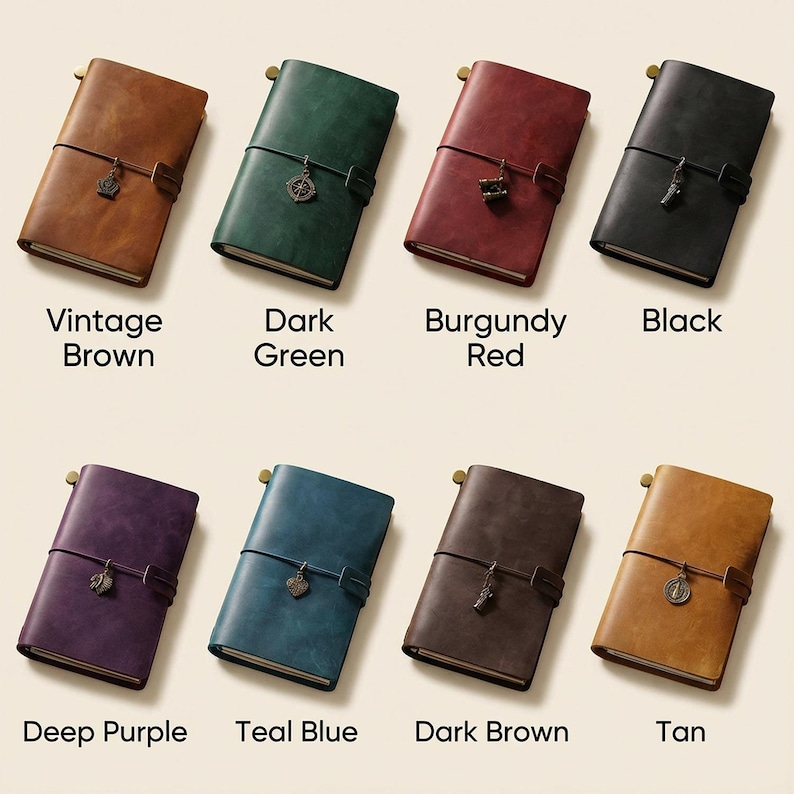 May include: Eight rectangular journals with elastic closures and metal charms, labeled Vintage Brown, Dark Green, Burgundy Red, Black, Deep Purple, Teal Blue, Dark Brown, and Tan. Each journal features a smooth cover and a secure strap.