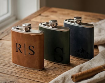 Personalized Full Grain Leather Flask, 6oz Camping Whiskey Flask for Men, Portable Hip Flask, Outdoor Gift for Him, Dad, Groomsmen
