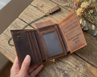 Personalized Men's Leather Wallet With Anti-Theft Chain, Trifold Wallet, Full Grain Leather, Gift for Him, Dad, Husband