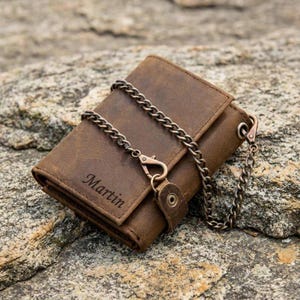 Gepersonaliseerde leren portemonnee met antidiefstalketting, handgemaakte drievoudige portemonnee met sleutelhouder, cadeau voor hem, vader, man