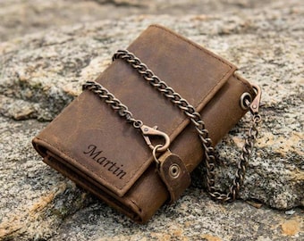 Personalized Leather Wallet with Anti-Theft Chain, Handmade Trifold Wallet with Key Holder, Gift for Him, Dad, Husband