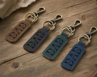 Personalized Dad Keychain, Full Grain Leather Keychain for Men, Engraved Keyring, New Dad Gift, Birthday Gift for Him, Dad
