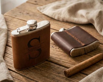 Personalized Full-Grain Leather Flask, Vintage Hip Flask for Men, Travel Whiskey Flask, Gift for Dad, Husband, Groomsmen