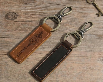 Personalized Genuine Leather Keychain with Engraved Birth Flower, Birthday Gift for Him Her, Custom Name Keyring