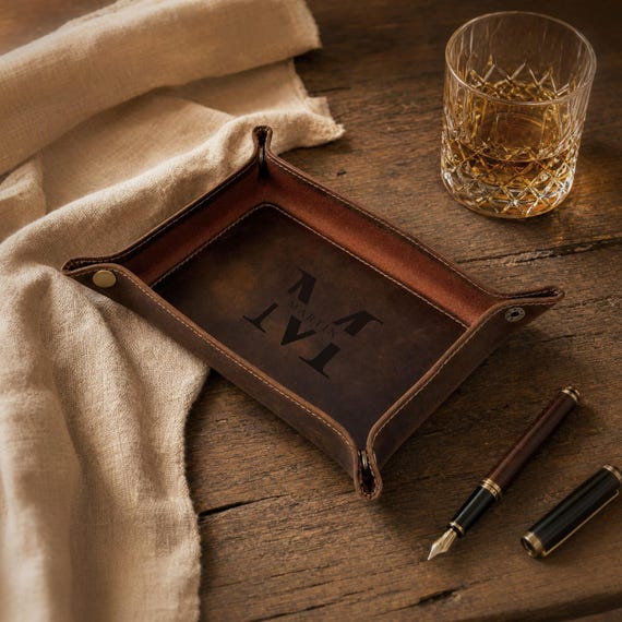 Personalized Full Grain Leather Valet Tray, Distressed Catchall Tray for Men, Groomsmen Gift, Engraved Leather Gift for Him, Corporate Gift