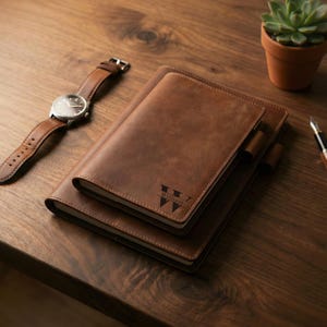 May include: A brown leather notebook cover with a smaller matching notebook on top, both featuring a dark brown engraved letter W and the name William. A brown leather wristwatch with a round face and a metal fountain pen are placed nearby.