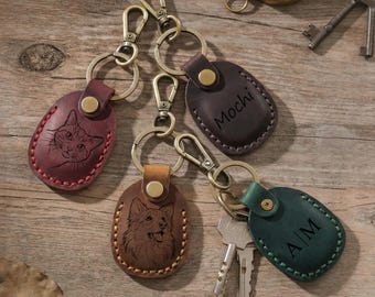 Personalized Engraved Pet Portrait Leather Keychain & Airtag Holder, Custom Dog/Cat Image Keyring, Gift for Pet Lover, Pet Memorial