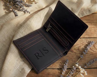 Personalized Bifold Leather Wallet with Coin Pocket, Vintage Slim Wallet for Men, Anniversary Gift for Husband, Front Pocket Wallet