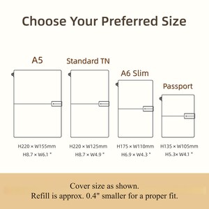 May include: A size guide for notebook covers labeled Choose Your Preferred Size, displaying four rectangular outlines: A5 (H8.7 x W6.1 inches), Standard TN (H8.7 x W4.9 inches), A6 Slim (H6.9 x W4.3 inches), and Passport (H5.3 x W4.1 inches). Text states: Cover size as shown. Refill is approx. 0.4 inches smaller for a proper fit.