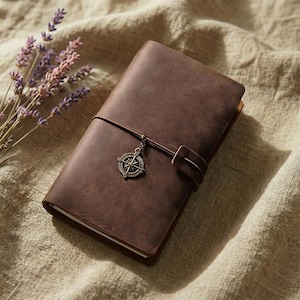 May include: A dark brown leather journal with a wrap-around strap closure. A metallic bronze-toned compass charm is attached to the strap. The journal is rectangular with a smooth, matte finish and visible stitching along the edges of the cover.