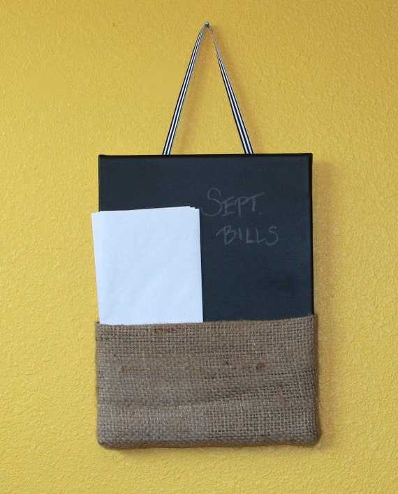 Items similar to hanging chalkboard organizer with burlap pocket on Etsy