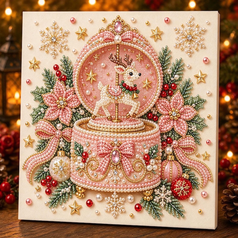 Pärlmålningssats | Julgranskonst med guldbär | Väggdekorationer för högtider, julpyssel, present till hemmet, 20 x 20 cm (7,87 x 7,87 tum) uppspänd duk Christmas Music Box
