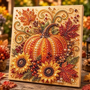 Pode incluir: Uma tela quadrada com uma abóbora laranja central decorada com contas e strass. A abóbora é rodeada por dois girassóis amarelos, folhas de bordo vermelhas e laranjas, folhagem verde e pequenas bagas com um tema de outono.