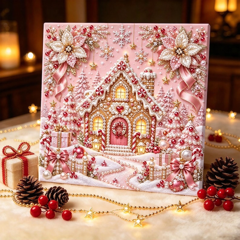 Pärlmålningssats | Julgranskonst med guldbär | Väggdekorationer för högtider, julpyssel, present till hemmet, 20 x 20 cm (7,87 x 7,87 tum) uppspänd duk Gingerbread House