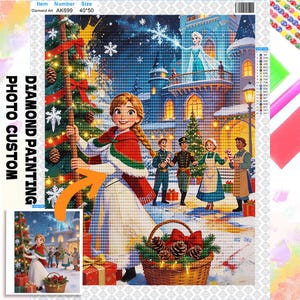 May include: A diamond painting kit featuring a winter scene with characters from Frozen, including Anna and Elsa. The image shows a decorated Christmas tree, a castle, and a basket of pinecones. Text includes Diamond Painting Photo Custom AK699.