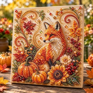 May include: A square diamond painting canvas featuring a central orange fox surrounded by autumn elements including orange pumpkins, red maple leaves, yellow sunflowers, and red berries, all rendered with sparkling, multi-colored resin beads.